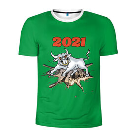 Мужская футболка 3D спортивная с принтом Белый бык - 2021 в Тюмени, 100% полиэстер с улучшенными характеристиками | приталенный силуэт, круглая горловина, широкие плечи, сужается к линии бедра | 