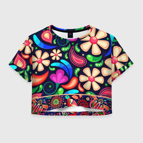 Женская футболка Crop-top 3D с принтом Цветочный Узор в Тюмени, 100% полиэстер | круглая горловина, длина футболки до линии талии, рукава с отворотами | животные | мозаика | природа | птицы | растения | текстура | узор | фольклор | хохлома | цветы