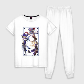 Женская пижама хлопок с принтом Genshin Impact Liza Mona Fisch в Тюмени, 100% хлопок | брюки и футболка прямого кроя, без карманов, на брюках мягкая резинка на поясе и по низу штанин | 