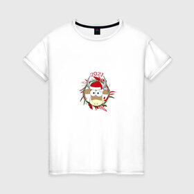 Женская футболка хлопок с принтом Новый год 2021 в Тюмени, 100% хлопок | прямой крой, круглый вырез горловины, длина до линии бедер, слегка спущенное плечо | happy new year | бык | бычок | животные | новый год 2021 | праздник | рождество