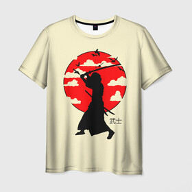 Мужская футболка 3D с принтом Japan samurai в Тюмени, 100% полиэфир | прямой крой, круглый вырез горловины, длина до линии бедер | boy | japan style | japanese aesthetics | ninja | samurai | воин | иероглифы | катана | красная луна | меч | ниндзя | рыцарь | самурай | солдат | харакири | черный самурай | япония | японская анимация | японская эстетика