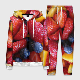 Мужской костюм 3D с принтом Фругтово-ягодное изобилие в Тюмени, 100% полиэстер | Манжеты и пояс оформлены тканевой резинкой, двухслойный капюшон со шнурком для регулировки, карманы спереди | еда | клубника | манго | фрукт | фрукты | черника | ягода | ягоды