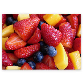 Поздравительная открытка с принтом Фругтово-ягодное изобилие в Тюмени, 100% бумага | плотность бумаги 280 г/м2, матовая, на обратной стороне линовка и место для марки
 | еда | клубника | манго | фрукт | фрукты | черника | ягода | ягоды