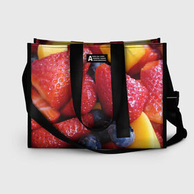 Сумка-шоппер 3D с принтом Фругтово-ягодное изобилие в Тюмени, 100% полиэстер | застегивается на металлическую кнопку; внутренний карман застегивается на молнию. Стенки укреплены специальным мягким материалом, чтобы защитить содержимое от несильных ударов
 | еда | клубника | манго | фрукт | фрукты | черника | ягода | ягоды