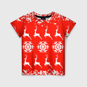 Детская футболка 3D с принтом New Year в Тюмени, 100% гипоаллергенный полиэфир | прямой крой, круглый вырез горловины, длина до линии бедер, чуть спущенное плечо, ткань немного тянется | Тематика изображения на принте: christmas toys | deer | new year | red | snow | snowflakes | tree | елка | красный | новогодние игрушки | новый год | олени | свитер с оленями | снег | снежинки | футболка с оленями
