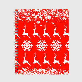 Тетрадь с принтом New Year в Тюмени, 100% бумага | 48 листов, плотность листов — 60 г/м2, плотность картонной обложки — 250 г/м2. Листы скреплены сбоку удобной пружинной спиралью. Уголки страниц и обложки скругленные. Цвет линий — светло-серый
 | Тематика изображения на принте: christmas toys | deer | new year | red | snow | snowflakes | tree | елка | красный | новогодние игрушки | новый год | олени | свитер с оленями | снег | снежинки | футболка с оленями