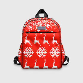 Детский рюкзак 3D с принтом New Year в Тюмени, 100% полиэстер | лямки с регулируемой длиной, сверху петелька, чтобы рюкзак можно было повесить на вешалку. Основное отделение закрывается на молнию, как и внешний карман. Внутри дополнительный карман. По бокам два дополнительных кармашка | Тематика изображения на принте: christmas toys | deer | new year | red | snow | snowflakes | tree | елка | красный | новогодние игрушки | новый год | олени | свитер с оленями | снег | снежинки | футболка с оленями