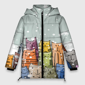 Женская зимняя куртка 3D с принтом Котики в Тюмени, верх — 100% полиэстер; подкладка — 100% полиэстер; утеплитель — 100% полиэстер | длина ниже бедра, силуэт Оверсайз. Есть воротник-стойка, отстегивающийся капюшон и ветрозащитная планка. 

Боковые карманы с листочкой на кнопках и внутренний карман на молнии | 2020 | background | holiday | new year | rat | гирлянда | елка | елочки | зима | новый год | праздник | рождество | синий | снег | снежинки | текстура | фон