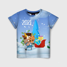Детская футболка 3D с принтом Новый год 2021 в Тюмени, 100% гипоаллергенный полиэфир | прямой крой, круглый вырез горловины, длина до линии бедер, чуть спущенное плечо, ткань немного тянется | 2021 | 7 января | bull | newyear | santa | бык | быки | бычок | год быка | дед мороз | корова | новогодние каникулы | новогодние праздники | новый 2021 | новый год | новый год 2021 | рождество | сани | санта | санта клаус