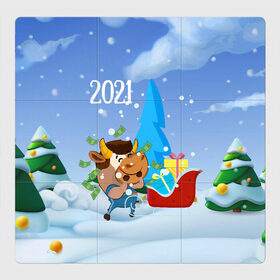 Магнитный плакат 3Х3 с принтом Новый год 2021 в Тюмени, Полимерный материал с магнитным слоем | 9 деталей размером 9*9 см | 2021 | 7 января | bull | newyear | santa | бык | быки | бычок | год быка | дед мороз | корова | новогодние каникулы | новогодние праздники | новый 2021 | новый год | новый год 2021 | рождество | сани | санта | санта клаус