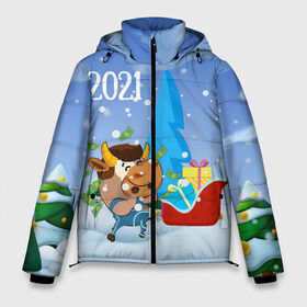 Мужская зимняя куртка 3D с принтом Новый год 2021 в Тюмени, верх — 100% полиэстер; подкладка — 100% полиэстер; утеплитель — 100% полиэстер | длина ниже бедра, свободный силуэт Оверсайз. Есть воротник-стойка, отстегивающийся капюшон и ветрозащитная планка. 

Боковые карманы с листочкой на кнопках и внутренний карман на молнии. | 2021 | 7 января | bull | newyear | santa | бык | быки | бычок | год быка | дед мороз | корова | новогодние каникулы | новогодние праздники | новый 2021 | новый год | новый год 2021 | рождество | сани | санта | санта клаус