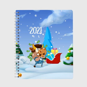 Тетрадь с принтом Новый год 2021 в Тюмени, 100% бумага | 48 листов, плотность листов — 60 г/м2, плотность картонной обложки — 250 г/м2. Листы скреплены сбоку удобной пружинной спиралью. Уголки страниц и обложки скругленные. Цвет линий — светло-серый
 | Тематика изображения на принте: 2021 | 7 января | bull | newyear | santa | бык | быки | бычок | год быка | дед мороз | корова | новогодние каникулы | новогодние праздники | новый 2021 | новый год | новый год 2021 | рождество | сани | санта | санта клаус