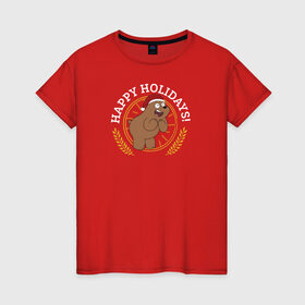 Женская футболка хлопок с принтом Happy holidays! в Тюмени, 100% хлопок | прямой крой, круглый вырез горловины, длина до линии бедер, слегка спущенное плечо | cartoon network | grizz | vdkimel | we bare bears | вся правда о медведях | гризли
