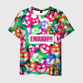 Мужская футболка 3D с принтом ENOUGH! в Тюмени, 100% полиэфир | прямой крой, круглый вырез горловины, длина до линии бедер | cat | colorful | достаточно | кот | красочная | пестрая | улыбающийся кот | хватит | цветастая | цветная | яркая