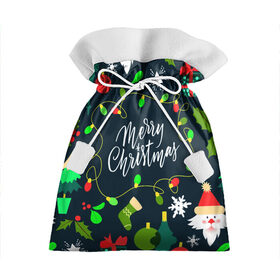 Подарочный 3D мешок с принтом Merry Christmas в Тюмени, 100% полиэстер | Размер: 29*39 см | 2020 | 2021 | new year | гирлянда | дед мороз | елка | зеленый | игрушка | клаус | конфеты | нг | новый год | носок | перчатка | подарок | рождество | с | санта | сладости | снег | снеговик | снежинка | шапка | шары