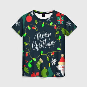 Женская футболка 3D с принтом Merry Christmas в Тюмени, 100% полиэфир ( синтетическое хлопкоподобное полотно) | прямой крой, круглый вырез горловины, длина до линии бедер | 2020 | 2021 | new year | гирлянда | дед мороз | елка | зеленый | игрушка | клаус | конфеты | нг | новый год | носок | перчатка | подарок | рождество | с | санта | сладости | снег | снеговик | снежинка | шапка | шары