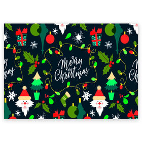 Поздравительная открытка с принтом Merry Christmas в Тюмени, 100% бумага | плотность бумаги 280 г/м2, матовая, на обратной стороне линовка и место для марки
 | 2020 | 2021 | new year | гирлянда | дед мороз | елка | зеленый | игрушка | клаус | конфеты | нг | новый год | носок | перчатка | подарок | рождество | с | санта | сладости | снег | снеговик | снежинка | шапка | шары