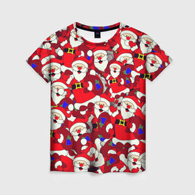 Женская футболка 3D с принтом Дед Санта в Тюмени, 100% полиэфир ( синтетическое хлопкоподобное полотно) | прямой крой, круглый вырез горловины, длина до линии бедер | 2021 | 2022 | new year | tiger | гирлянда | год тигра | дед мороз | елка | клаус | конфеты | нг | новый год | носок | подарок | рождество | с | санта | снег | снеговик | снежинка | шары