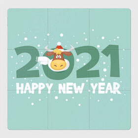 Магнитный плакат 3Х3 с принтом Happy New Year 2021 в Тюмени, Полимерный материал с магнитным слоем | 9 деталей размером 9*9 см | bull | christmas | holiday | new year | snow | symbol | winter | бык | бычок | зима | новый год | праздник | рождество | символ | снег