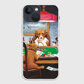 Чехол для iPhone 13 mini с принтом Собаки играют в покер в Тюмени,  |  | Тематика изображения на принте: a friend in need | art | artist | bets | buldog | cards | chips | dogs | gambling | games | memes | picture | poker | азартные игры | бульдог | друг познается в беде | искусство | картина | карты | мемы | покер | сенбернар | собаки | собачки | ставки