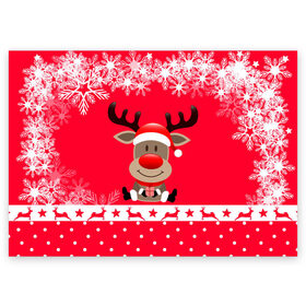Поздравительная открытка с принтом Олень с подарком в Тюмени, 100% бумага | плотность бумаги 280 г/м2, матовая, на обратной стороне линовка и место для марки
 | 2021 | new year | деда мороза | к нам приходит | клауса | костюм | новогодний | новый год | праздник | рождество | рудольф | санты | снег | снежинки | снежок | узор
