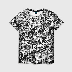 Женская футболка 3D с принтом Rock Band Logos в Тюмени, 100% полиэфир ( синтетическое хлопкоподобное полотно) | прямой крой, круглый вырез горловины, длина до линии бедер | ac dc | linkin park | music | queen | radiohead | rock | rock band logos | линкин парк | музыка | ретро | рок группа | элвис