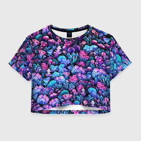 Женская футболка Crop-top 3D с принтом Волшебные грибы в Тюмени, 100% полиэстер | круглая горловина, длина футболки до линии талии, рукава с отворотами | neon | гриб | грибник | грибочки | магия | мистика | мухомор | паттерн | поганки | психоделика | психоделический | свет | сияние