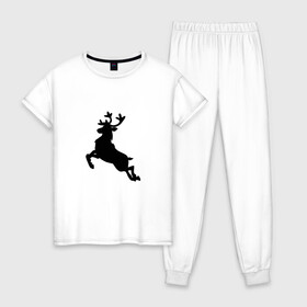Женская пижама хлопок с принтом Северный олень в Тюмени, 100% хлопок | брюки и футболка прямого кроя, без карманов, на брюках мягкая резинка на поясе и по низу штанин | животные | звери | новый год | праздник | рога | северный олень | силуэт