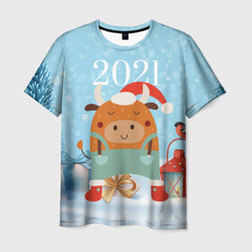 Мужская футболка 3D с принтом Новогодний бычок 2021 в Тюмени, 100% полиэфир | прямой крой, круглый вырез горловины, длина до линии бедер | 2021 | 7 января | bull | newyear | santa | бык | быки | бычок | год быка | дед мороз | корова | новогодние каникулы | новогодние праздники | новый 2021 | новый год | новый год 2021 | рождество | сани | санта | санта клаус