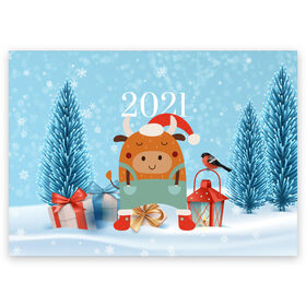 Поздравительная открытка с принтом Новогодний бычок 2021 в Тюмени, 100% бумага | плотность бумаги 280 г/м2, матовая, на обратной стороне линовка и место для марки
 | Тематика изображения на принте: 2021 | 7 января | bull | newyear | santa | бык | быки | бычок | год быка | дед мороз | корова | новогодние каникулы | новогодние праздники | новый 2021 | новый год | новый год 2021 | рождество | сани | санта | санта клаус