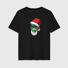 Женская футболка хлопок Oversize с принтом Franken-Santa в Тюмени, 100% хлопок | свободный крой, круглый ворот, спущенный рукав, длина до линии бедер
 | 666 | claus | demon | frankenshtein | ghost | halloween | happy new year | horror | merry christmas | monster | santa | snowman | дед мороз | демон | елка | клаус | монстр | новый год | призрак | рождество | с новым годом | санта | снеговик | ужасы | фран