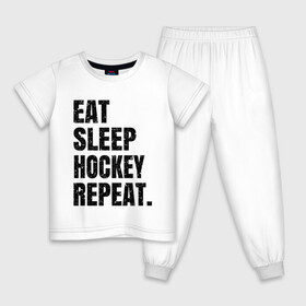 Детская пижама хлопок с принтом EAT SLEEP HOCKEY REPEAT в Тюмени, 100% хлопок |  брюки и футболка прямого кроя, без карманов, на брюках мягкая резинка на поясе и по низу штанин
 | boston | bruins | capitals | detroit | eat | eat sleep hockey repeat | hockey | nhl | penguins | pittsburgh | red wings | repeat | sleep | washington | вашингтон кэпиталз | нхл | питтсбург пингвинз | хокей | хоккей