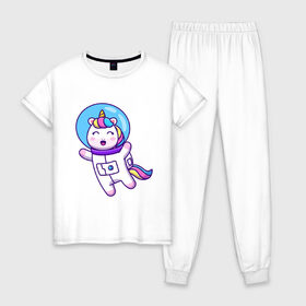 Женская пижама хлопок с принтом Единорог в скафандре в Тюмени, 100% хлопок | брюки и футболка прямого кроя, без карманов, на брюках мягкая резинка на поясе и по низу штанин | 