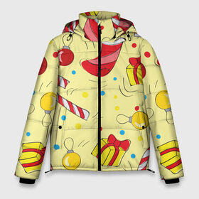 Мужская зимняя куртка 3D с принтом Новогодний узор на желтом фоне в Тюмени, верх — 100% полиэстер; подкладка — 100% полиэстер; утеплитель — 100% полиэстер | длина ниже бедра, свободный силуэт Оверсайз. Есть воротник-стойка, отстегивающийся капюшон и ветрозащитная планка. 

Боковые карманы с листочкой на кнопках и внутренний карман на молнии. | Тематика изображения на принте: детский | желтый | нарисованный | новогодний | новый год | узор
