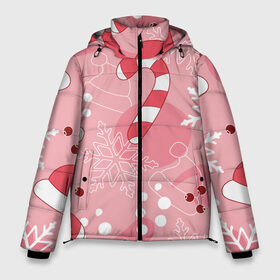 Мужская зимняя куртка 3D с принтом Новогодний узор на розовом в Тюмени, верх — 100% полиэстер; подкладка — 100% полиэстер; утеплитель — 100% полиэстер | длина ниже бедра, свободный силуэт Оверсайз. Есть воротник-стойка, отстегивающийся капюшон и ветрозащитная планка. 

Боковые карманы с листочкой на кнопках и внутренний карман на молнии. | Тематика изображения на принте: красный | новый год | розовый | санта | снежинка | узор | шапка