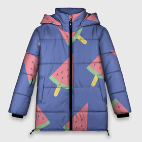 Женская зимняя куртка 3D с принтом Арбузный узор на синем в Тюмени, верх — 100% полиэстер; подкладка — 100% полиэстер; утеплитель — 100% полиэстер | длина ниже бедра, силуэт Оверсайз. Есть воротник-стойка, отстегивающийся капюшон и ветрозащитная планка. 

Боковые карманы с листочкой на кнопках и внутренний карман на молнии | арбуз | летний | мороженое | синий | узор