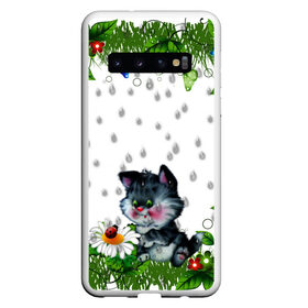 Чехол для Samsung Galaxy S10 с принтом котёнок в Тюмени, Силикон | Область печати: задняя сторона чехла, без боковых панелей | божья коровка | дождик | котёнок | цветы