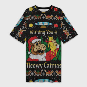 Платье-футболка 3D с принтом Wishing you a meowy catmas в Тюмени,  |  | 2020 | 2021 | christmas | happy | merry | new year | santa | sweater | ugly christmas | альф | зима | котик | новогодний | новогодняя | новый год | рождественский | рождественский свитер | рождество | санта | свитер | снег