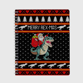 Тетрадь с принтом Merry Rex-mas в Тюмени, 100% бумага | 48 листов, плотность листов — 60 г/м2, плотность картонной обложки — 250 г/м2. Листы скреплены сбоку удобной пружинной спиралью. Уголки страниц и обложки скругленные. Цвет линий — светло-серый
 | 2020 | 2021 | christmas | dino | happy | merry | new year | rex | santa | sweater | t rex | ugly christmas | динозавр | зима | новогодний | новогодняя | новый год | рождественский | рождественский свитер | рождество | санта | свитер | снег