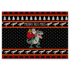 Поздравительная открытка с принтом Merry Rex-mas в Тюмени, 100% бумага | плотность бумаги 280 г/м2, матовая, на обратной стороне линовка и место для марки
 | 2020 | 2021 | christmas | dino | happy | merry | new year | rex | santa | sweater | t rex | ugly christmas | динозавр | зима | новогодний | новогодняя | новый год | рождественский | рождественский свитер | рождество | санта | свитер | снег