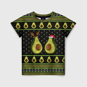 Детская футболка 3D с принтом Avo christmas в Тюмени, 100% гипоаллергенный полиэфир | прямой крой, круглый вырез горловины, длина до линии бедер, чуть спущенное плечо, ткань немного тянется | 2020 | 2021 | avocado | christmas | happy | merry | new year | sweater | ugly christmas | авакадо | зима | новогодний | новогодняя | новый год | рождественский | рождественский свитер | рождество | свитер | снег