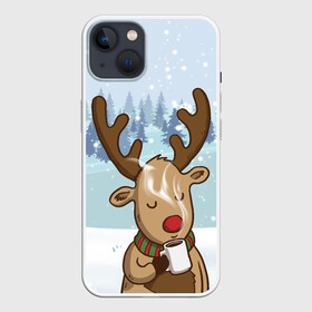 Чехол для iPhone 13 с принтом Олень с кружкой в Тюмени,  |  | Тематика изображения на принте: 2021 | new year | деда мороза | зима | к нам приходит | клауса | костюм | новогодний | новый год | праздник | пьёт | рождество | рудольф | санты | снег | снежинки | снежок | согреться | холодно | чай