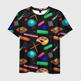 Мужская футболка 3D с принтом Снова в школу в Тюмени, 100% полиэфир | прямой крой, круглый вырез горловины, длина до линии бедер | глобус | карандаш | кисточка | класс | краски | линейка | математика | ножницы | перемена | портфель | физика | школа