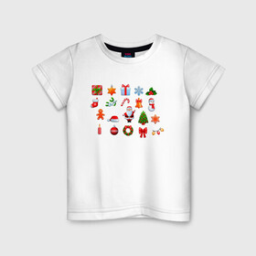Детская футболка хлопок с принтом новогоднее настроение в Тюмени, 100% хлопок | круглый вырез горловины, полуприлегающий силуэт, длина до линии бедер | бант | гирлянда | дед мороз | звезда | игрушка | картинки | леденец | новый год | подарок | популярные | прикольные | пряник | снежинка