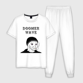Мужская пижама хлопок с принтом Doomer Wave в Тюмени, 100% хлопок | брюки и футболка прямого кроя, без карманов, на брюках мягкая резинка на поясе и по низу штанин
 | Тематика изображения на принте: 20 | 2020 | 2021 | 21 | 2k20 | 2к20 | doomer | girl | girls | guy | man | mem | meme | memes | wafe | бумер | бумеры | волна | девушка | девушки | думер | думеры | зумер | зумеры | мем | мемы | мужчина | парень