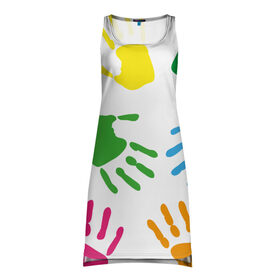 Платье-майка 3D с принтом Цветные ладошки - Детский узор в Тюмени, 100% полиэстер | полуприлегающий силуэт, широкие бретели, круглый вырез горловины, удлиненный подол сзади. | дети | детский | краска | ладошки | пальцы | радуга | ребенок | руки | след | узор