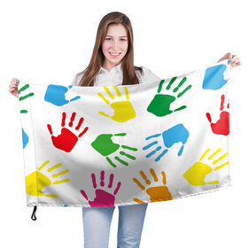 Флаг 3D с принтом Цветные ладошки - Детский узор в Тюмени, 100% полиэстер | плотность ткани — 95 г/м2, размер — 67 х 109 см. Принт наносится с одной стороны | дети | детский | краска | ладошки | пальцы | радуга | ребенок | руки | след | узор