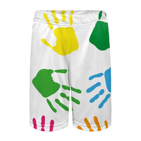 Детские спортивные шорты 3D с принтом Цветные ладошки - Детский узор в Тюмени,  100% полиэстер
 | пояс оформлен широкой мягкой резинкой, ткань тянется
 | дети | детский | краска | ладошки | пальцы | радуга | ребенок | руки | след | узор