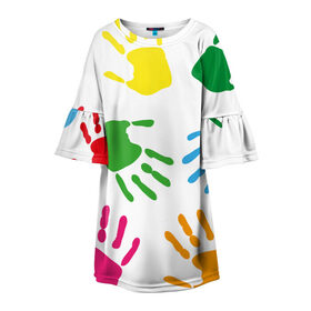 Детское платье 3D с принтом Цветные ладошки - Детский узор в Тюмени, 100% полиэстер | прямой силуэт, чуть расширенный к низу. Круглая горловина, на рукавах — воланы | дети | детский | краска | ладошки | пальцы | радуга | ребенок | руки | след | узор