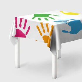 Скатерть 3D с принтом Цветные ладошки - Детский узор в Тюмени, 100% полиэстер (ткань не мнется и не растягивается) | Размер: 150*150 см | Тематика изображения на принте: дети | детский | краска | ладошки | пальцы | радуга | ребенок | руки | след | узор